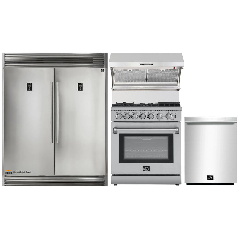 Forno 4-Piece Appliance Package - 30-Inch Dual Fuel Range with Air Fyer, 56-Inch Pro-Style Refrigerator, Wall Mount Hood with Backsplash, & 3-Rack Dishwasher in Stainless Steel
