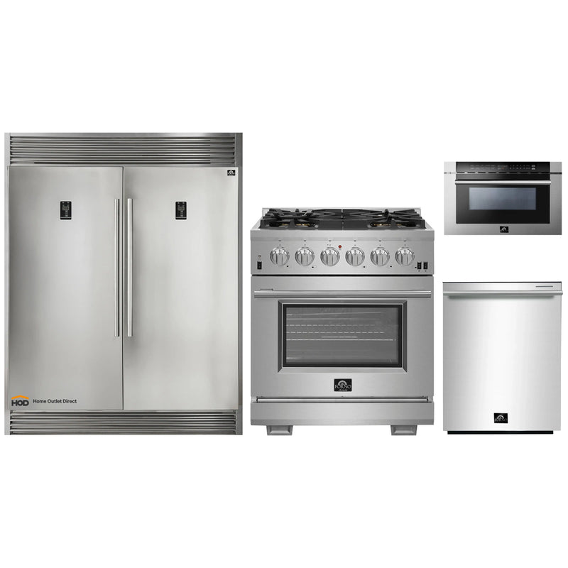 Forno 4-Piece Pro Appliance Package - 30-Inch Gas Range, 56-Inch Pro-Style Refrigerator, Microwave Drawer, & 3-Rack Dishwasher in Stainless Steel