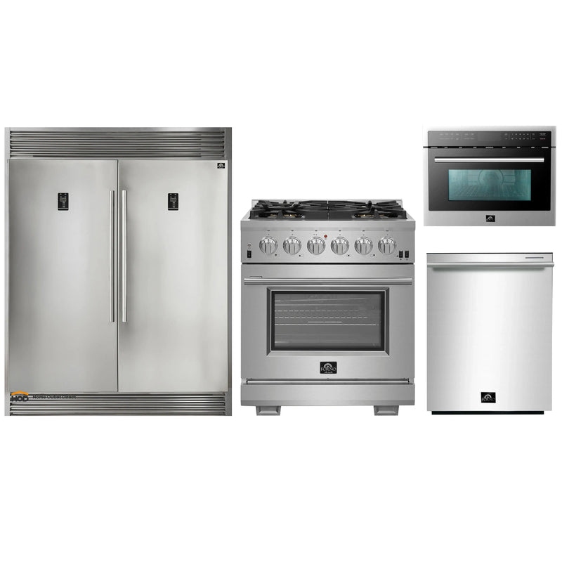 Forno 4-Piece Pro Appliance Package - 30-Inch Gas Range, 56-Inch Pro-Style Refrigerator, Microwave Oven, & 3-Rack Dishwasher in Stainless Steel
