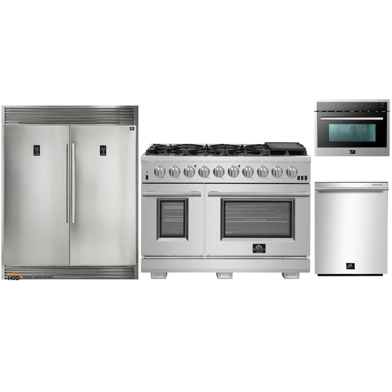 Forno 4-Piece Pro Appliance Package - 48-Inch Gas Range, 56-Inch Pro-Style Refrigerator, Microwave Oven, & 3-Rack Dishwasher in Stainless Steel