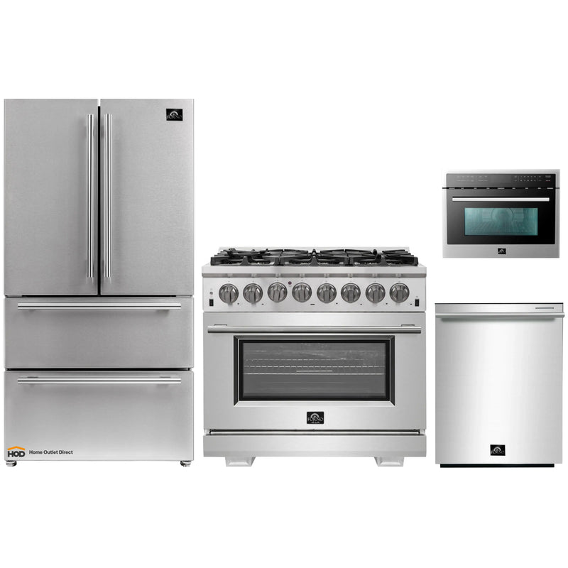 Forno 4-Piece Pro Appliance Package - 36-Inch Dual Fuel Range, Refrigerator, Microwave Oven, & 3-Rack Dishwasher in Stainless Steel