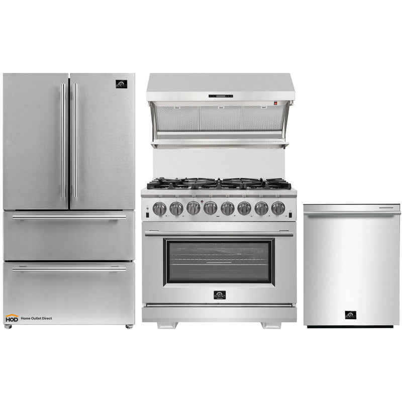 Forno 4-Piece Pro Appliance Package - 36-Inch Dual Fuel Range, French Door Refrigerator, Wall Mount Hood with Backsplash, and Dishwasher in Stainless Steel