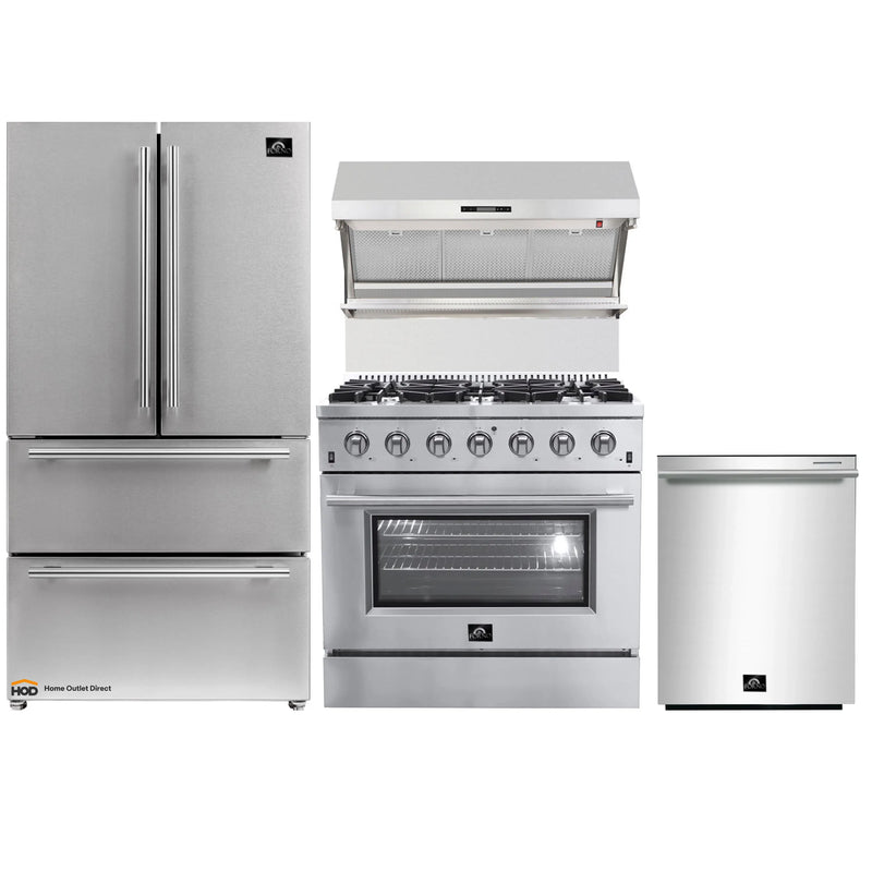 Forno 4-Piece Appliance Package - 36-Inch Gas Range, Refrigerator, Wall Mount Hood with Backsplash, & 3-Rack Dishwasher in Stainless Steel