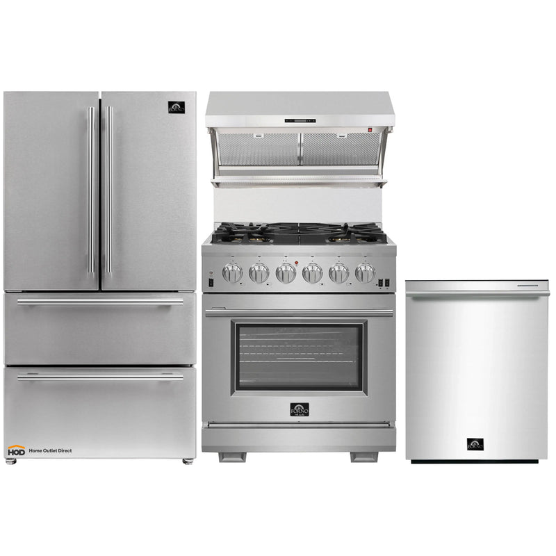 Forno 4-Piece Pro Appliance Package - 30-Inch Gas Range, French Door Refrigerator, Wall Mount Hood with Backsplash, and Dishwasher in Stainless Steel