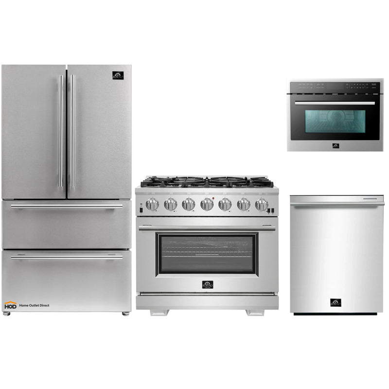 Forno 4-Piece Pro Appliance Package - 36-Inch Gas Range, Refrigerator, Microwave Oven, & 3-Rack Dishwasher in Stainless Steel