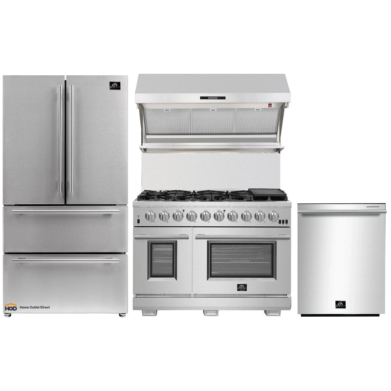 Forno 4-Piece Pro Appliance Package - 48-Inch Gas Range, Premium Hood, French Door Refrigerator, and Dishwasher in Stainless Steel