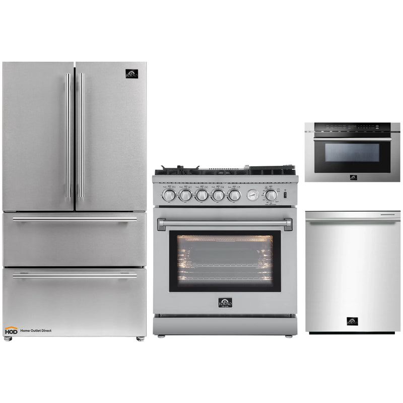 Forno 4-Piece Appliance Package - 30-Inch Gas Range with Air Fryer, Refrigerator, Microwave Drawer, & 3-Rack Dishwasher in Stainless Steel