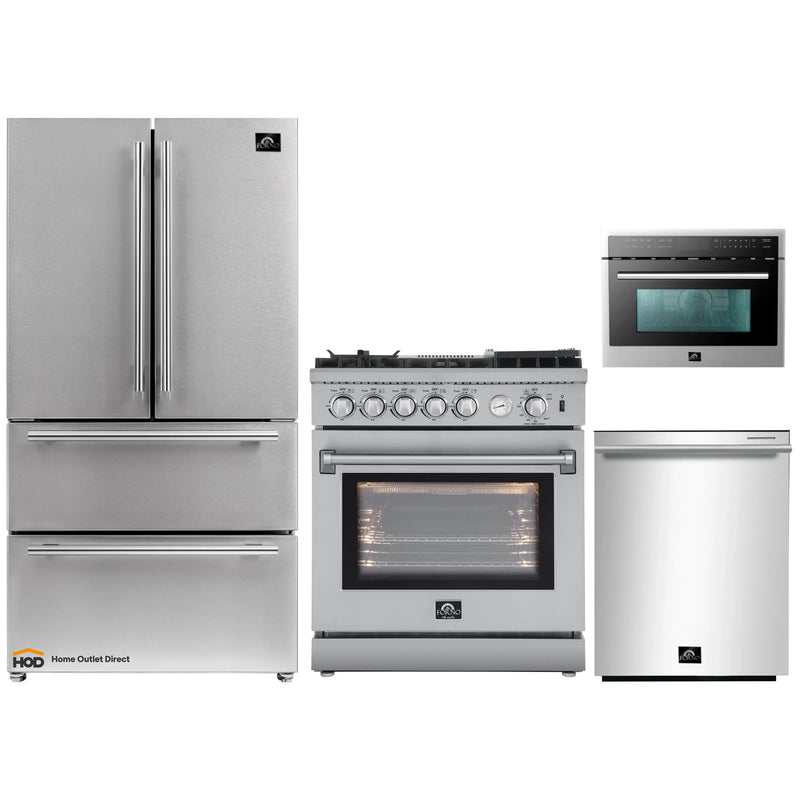Forno 4-Piece Appliance Package - 30-Inch Gas Range with Air Fryer, Refrigerator, Microwave Oven, & 3-Rack Dishwasher in Stainless Steel