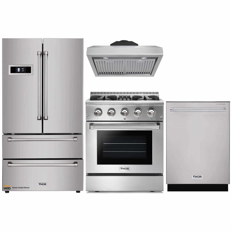 Thor Kitchen 4-Piece Pro Appliance Package - 30-Inch Dual Fuel Range, Refrigerator, Under Cabinet Hood and Dishwasher in Stainless Steel
