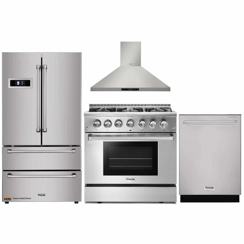 Thor Kitchen 4-Piece Pro Appliance Package - 36-Inch Dual Fuel Range, Refrigerator, Wall Mount Hood and Dishwasher in Stainless Steel