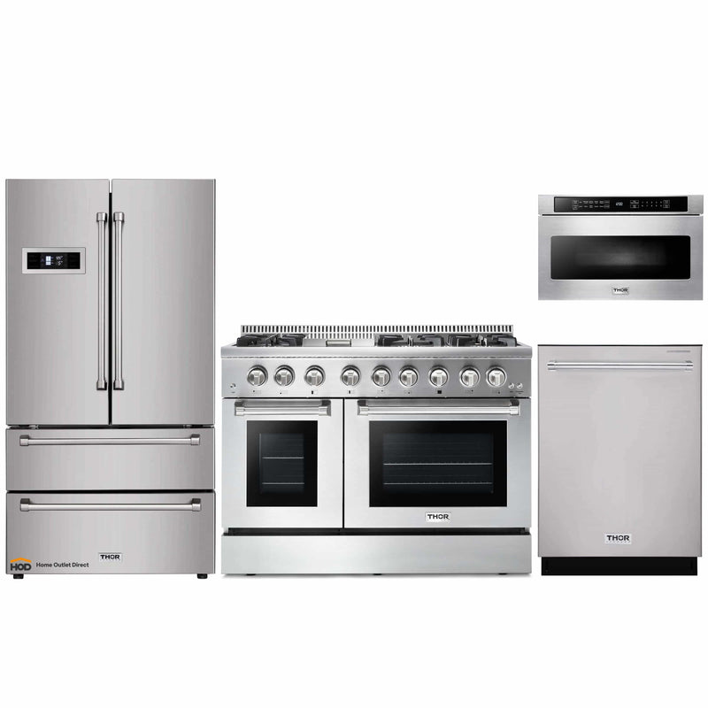 Thor Kitchen 4-Piece Pro Appliance Package - 48-Inch Dual Fuel Range, Refrigerator, Dishwasher, and Microwave Drawer in Stainless Steel