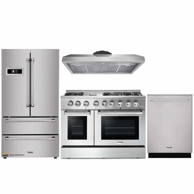 Thor Kitchen 4-Piece Pro Appliance Package - 48-Inch Dual Fuel Range, Refrigerator, Under Cabinet 11-Inch Tall Hood & Dishwasher in Stainless Steel