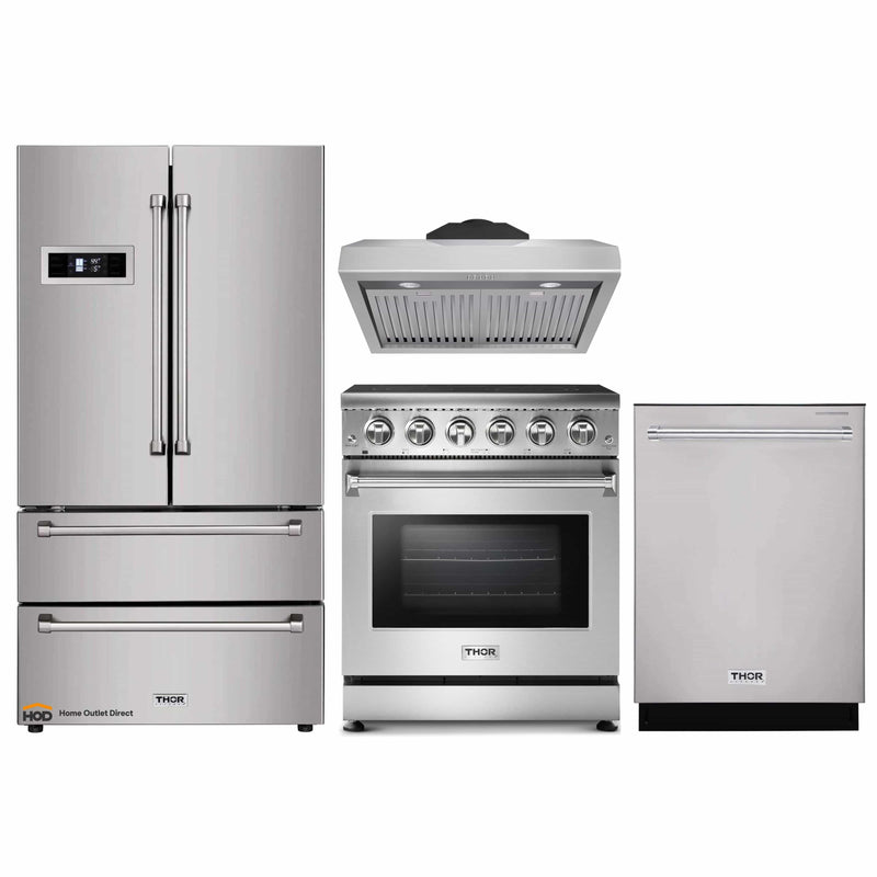 Thor Kitchen 4-Piece Appliance Package - 30-Inch Electric Range, Refrigerator, Under Cabinet Hood, and Dishwasher in Stainless Steel