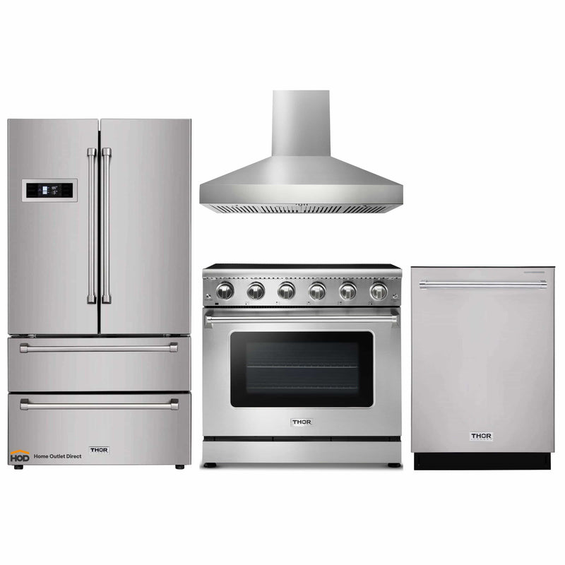 Thor Kitchen 4-Piece Appliance Package - 36-Inch Electric Range, Refrigerator, Wall Mount Hood, and Dishwasher in Stainless Steel