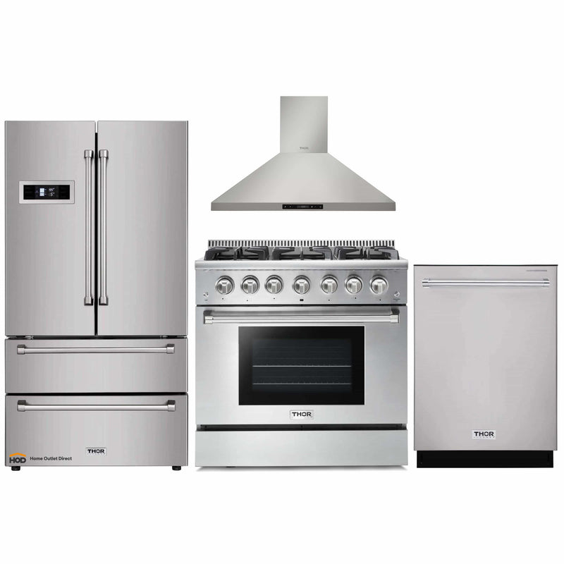 Thor Kitchen 4-Piece Pro Appliance Package - 36-Inch Gas Range, Refrigerator, Wall Mount Hood and Dishwasher in Stainless Steel