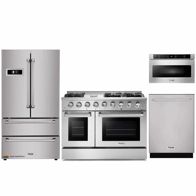 Thor Kitchen 4-Piece Pro Appliance Package - 48-Inch Gas Range, Refrigerator, Dishwasher, and Microwave Drawer in Stainless Steel