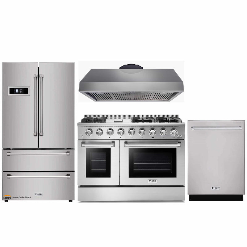 Thor Kitchen 4-Piece Pro Appliance Package - 48-Inch Gas Range, Refrigerator, and Dishwasher in Stainless Steel