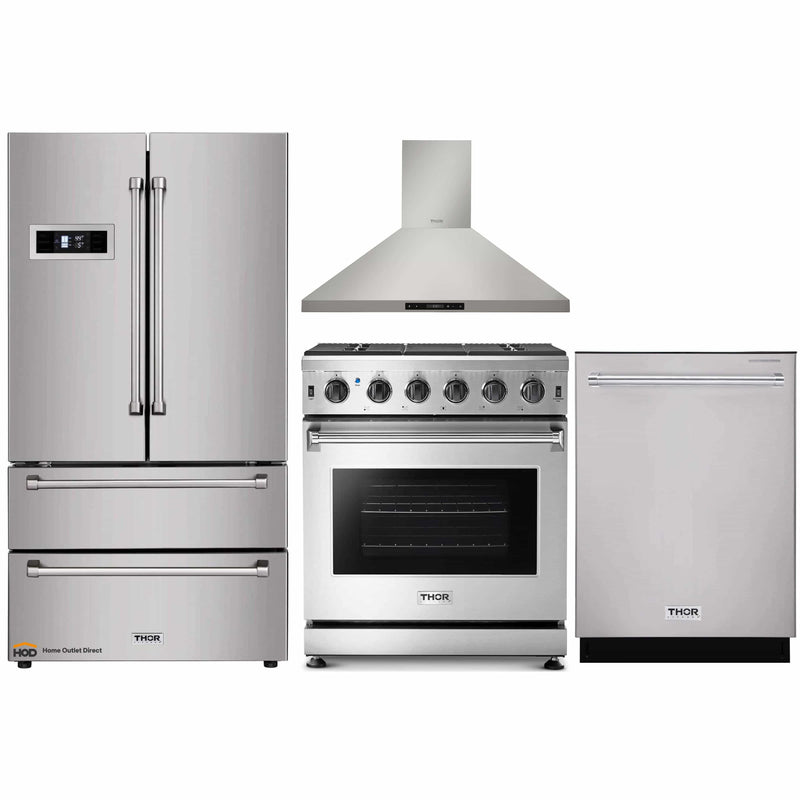 Thor Kitchen 4-Piece Appliance Package - 30-Inch Gas Range, Refrigerator, Wall Mount Hood, and Dishwasher in Stainless Steel