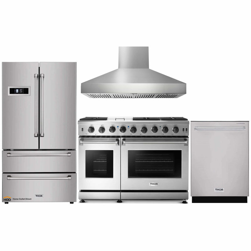 Thor Kitchen 4-Piece Appliance Package - 48-Inch Gas Range, Pro Wall Mount Hood, Refrigerator, and Dishwasher in Stainless Steel