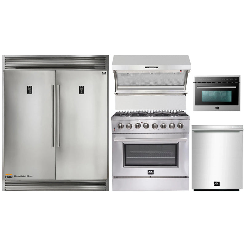 Forno 5-Piece Appliance Package - 36-Inch Dual Fuel Range, 56-Inch Pro-Style Refrigerator, Wall Mount Hood with Backsplash, Microwave Oven, & 3-Rack Dishwasher in Stainless Steel