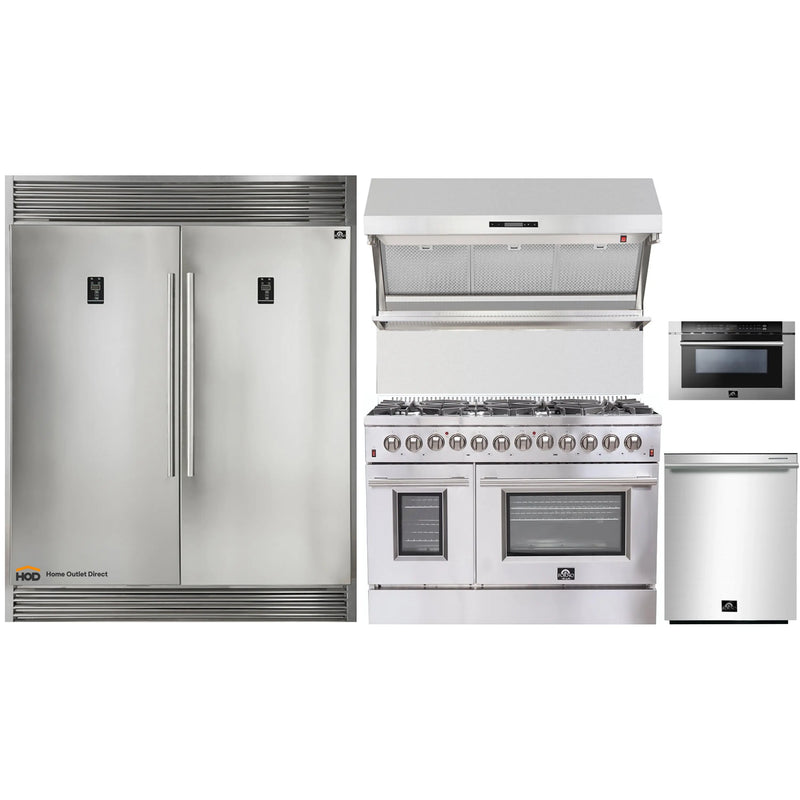 Forno 5-Piece Appliance Package - 48-Inch Dual Fuel Range, 56-Inch Pro-Style Refrigerator, Wall Mount Hood with Backsplash, Microwave Drawer, & 3-Rack Dishwasher in Stainless Steel