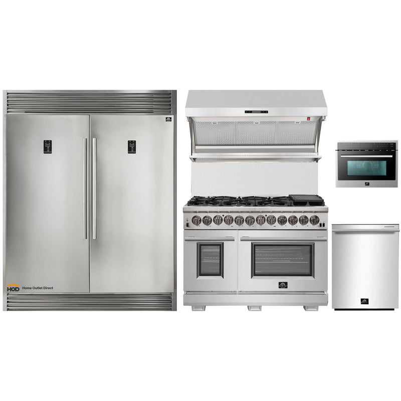 Forno 5-Piece Pro Appliance Package - 48-Inch Dual Fuel Range, 56-Inch Pro-Style Refrigerator, Wall Mount Hood with Backsplash, Microwave Oven, & 3-Rack Dishwasher in Stainless Steel