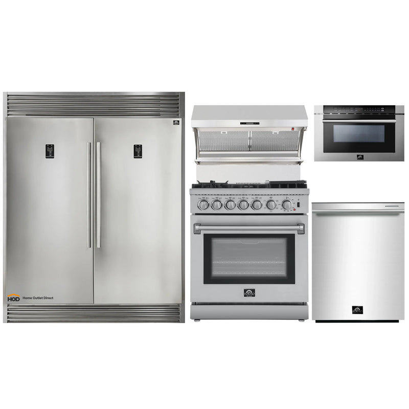 Forno 5-Piece Appliance Package - 30-Inch Dual Fuel Range with Air Fryer, 56-Inch Pro-Style Refrigerator, Wall Mount Hood with Backsplash, Microwave Drawer, & 3-Rack Dishwasher in Stainless Steel