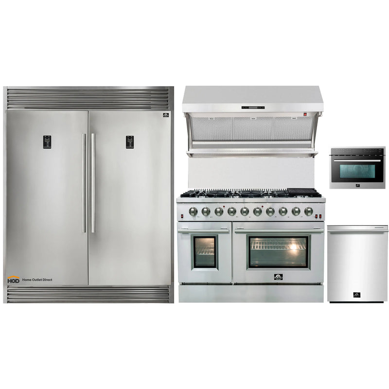Forno 5-Piece Appliance Package - 48-Inch Gas Range, 56-Inch Pro-Style Refrigerator, Wall Mount Hood with Backsplash, Microwave Oven, & 3-Rack Dishwasher in Stainless Steel