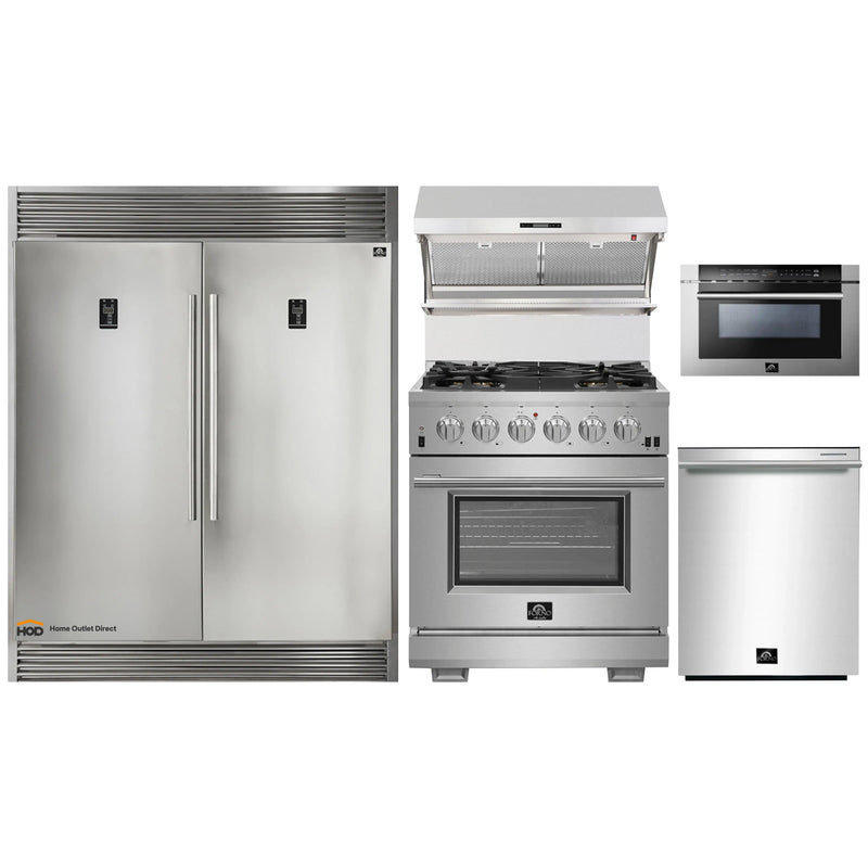 Forno 5-Piece Pro Appliance Package - 30-Inch Gas Range, 56-Inch Pro-Style Refrigerator, Wall Mount Hood with Backsplash, Microwave Drawer, & 3-Rack Dishwasher in Stainless Steel