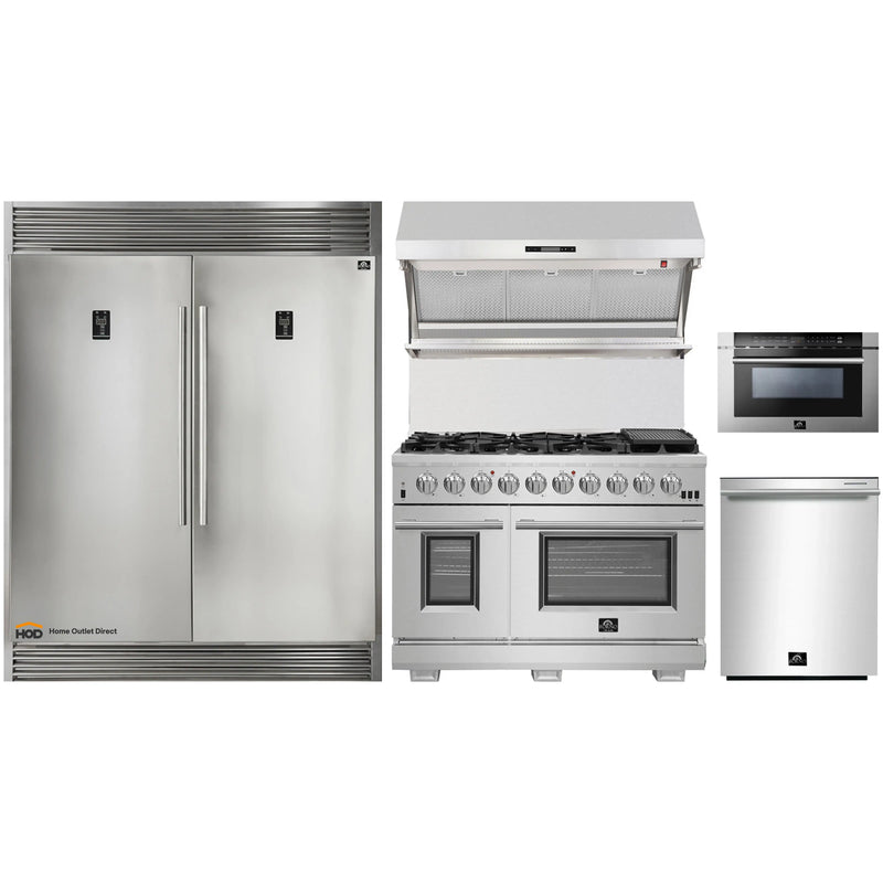 Forno 5-Piece Pro Appliance Package - 48-Inch Gas Range, 56-Inch Pro-Style Refrigerator, Wall Mount Hood with Backsplash, Microwave Drawer, & 3-Rack Dishwasher in Stainless Steel