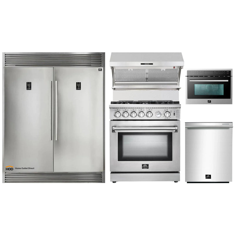 Forno 5-Piece Appliance Package - 30-Inch Gas Range, 56-Inch Pro-Style Refrigerator, Wall Mount Hood with Backsplash, Microwave Oven, & 3-Rack Dishwasher in Stainless Steel