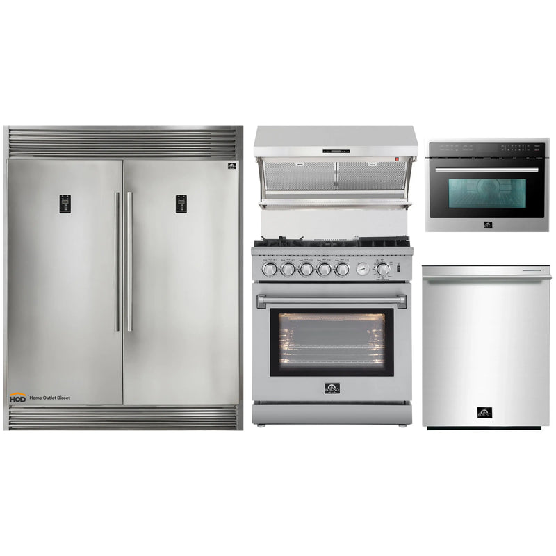 Forno 5-Piece Appliance Package - 30-Inch Gas Range with Air Fryer, 56-Inch Pro-Style Refrigerator, Wall Mount Hood with Backsplash, Microwave Oven, & 3-Rack Dishwasher in Stainless Steel