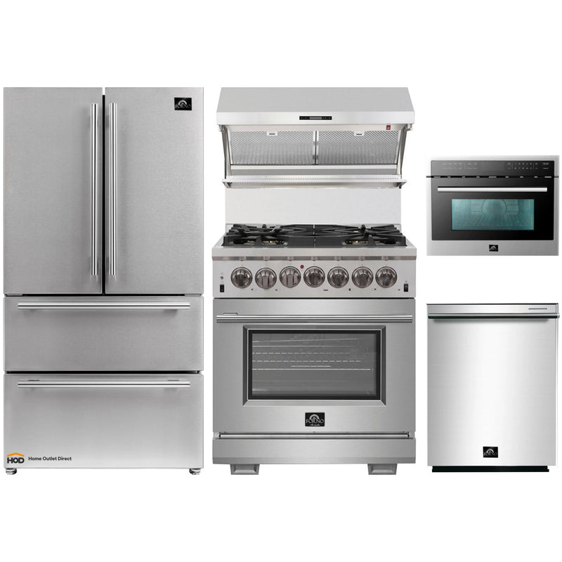 Forno 5-Piece Pro Appliance Package - 30-Inch Dual Fuel Range, Refrigerator, Wall Mount Hood with Backsplash, Microwave Oven, & 3-Rack Dishwasher in Stainless Steel