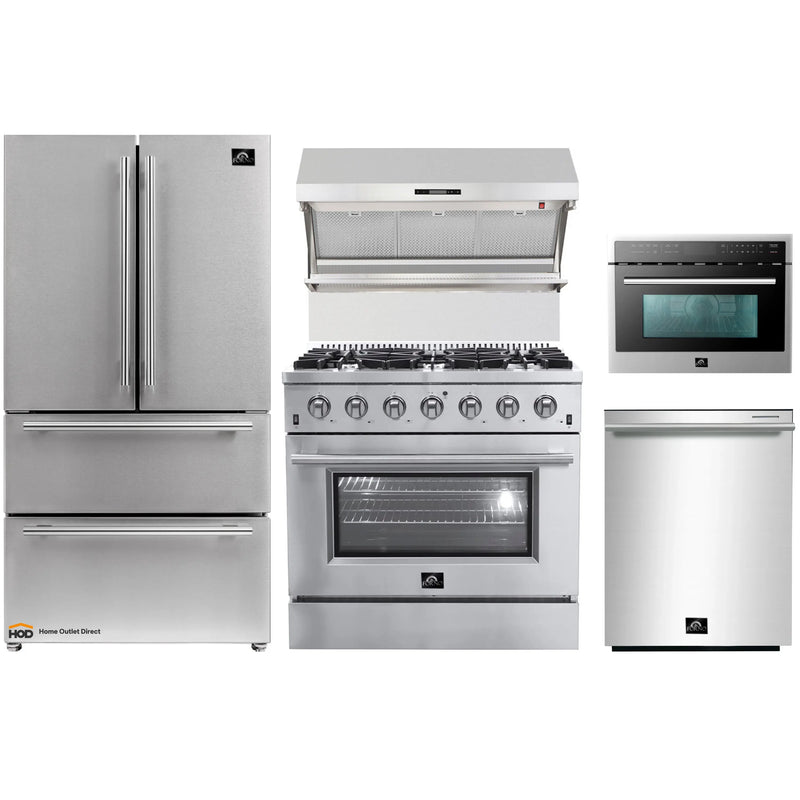 Forno 5-Piece Appliance Package - 36-Inch Gas Range, Refrigerator, Wall Mount Hood with Backsplash, Microwave Oven, & 3-Rack Dishwasher in Stainless Steel