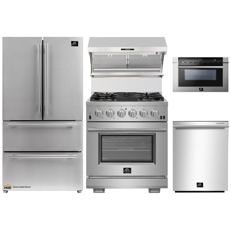 Forno 5-Piece Pro Appliance Package - 30-Inch Gas Range, Refrigerator, Wall Mount Hood with Backsplash, Microwave Drawer, & 3-Rack Dishwasher in Stainless Steel