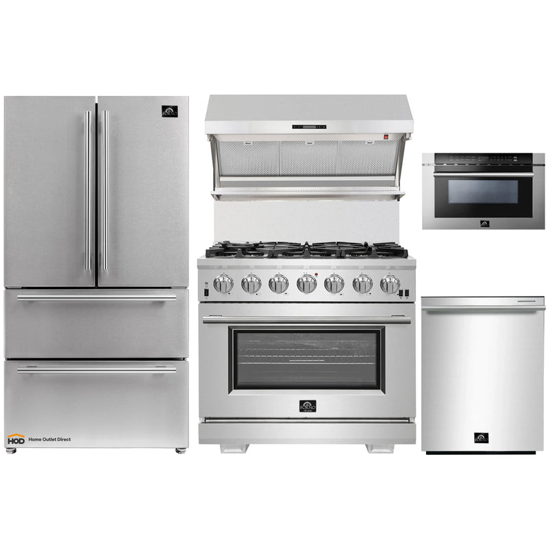 Forno 5-Piece Pro Appliance Package - 36-Inch Gas Range, Refrigerator, Wall Mount Hood with Backsplash, Microwave Drawer, & 3-Rack Dishwasher in Stainless Steel