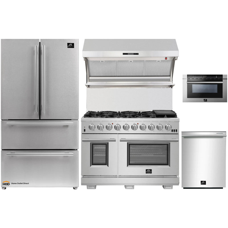 Forno 5-Piece Pro Appliance Package - 48-Inch Gas Range, Refrigerator, Wall Mount Hood with Backsplash, Microwave Drawer, & 3-Rack Dishwasher in Stainless Steel