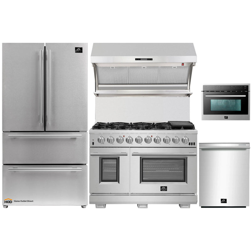 Forno 5-Piece Pro Appliance Package - 48-Inch Gas Range, Refrigerator, Wall Mount Hood with Backsplash, Microwave Oven, & 3-Rack Dishwasher in Stainless Steel