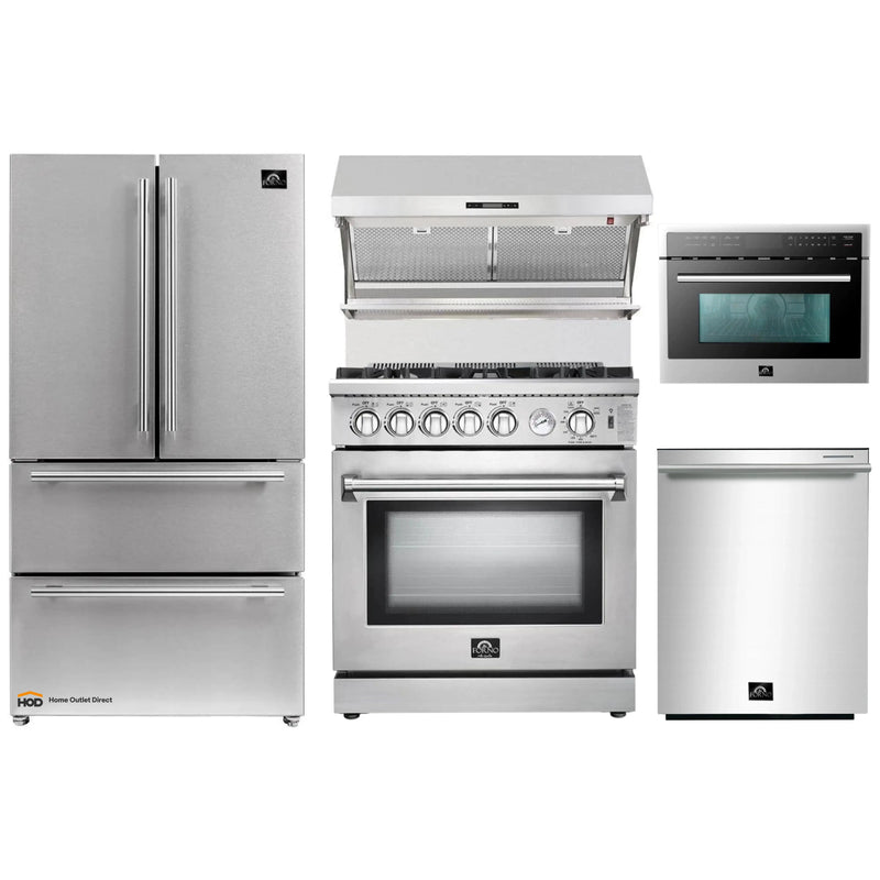Forno 5-Piece Appliance Package - 30-Inch Gas Range, Refrigerator, Wall Mount Hood with Backsplash, Microwave Oven, & 3-Rack Dishwasher in Stainless Steel