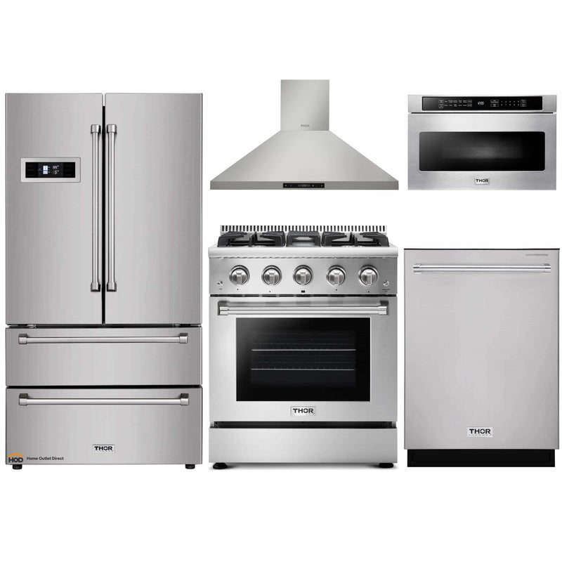 Thor Kitchen 5-Piece Pro Appliance Package - 30-Inch Gas Range, Refrigerator, Wall Mount Hood, Dishwasher, and Microwave Drawer in Stainless Steel