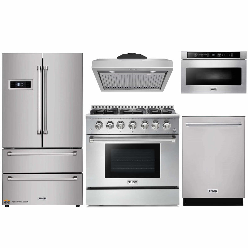 Thor Kitchen 5-Piece Pro Appliance Package - 36-Inch Gas Range, Refrigerator, Under Cabinet Hood, Dishwasher, and Microwave Drawer in Stainless Steel