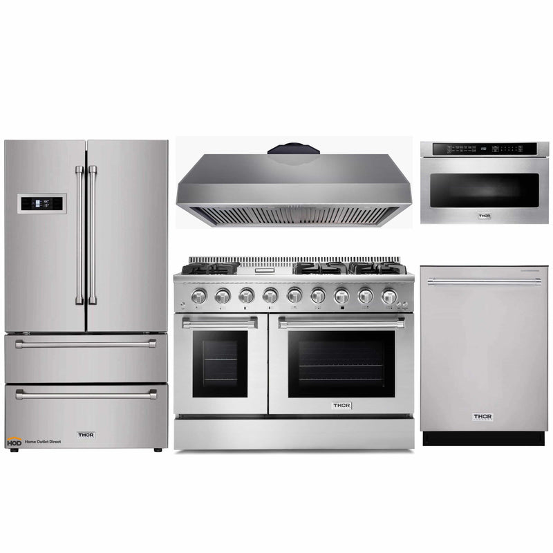 Thor Kitchen 5-Piece Pro Appliance Package - 48-Inch Gas Range, Refrigerator, Dishwasher, Under Cabinet Hood, and Microwave Drawer in Stainless Steel