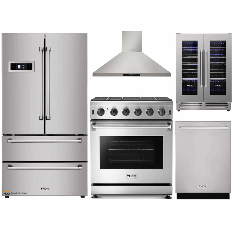Thor Kitchen 5-Piece Appliance Package - 30-Inch Gas Range, Refrigerator, Wall Mount Hood, Dishwasher, and Wine Cooler in Stainless Steel