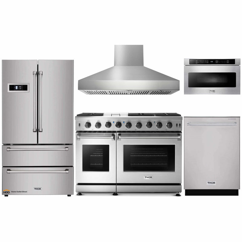 Thor Kitchen 5-Piece Appliance Package - 48-Inch Gas Range, Refrigerator, Pro Wall Mount Hood, Dishwasher, and Microwave Drawer in Stainless Steel