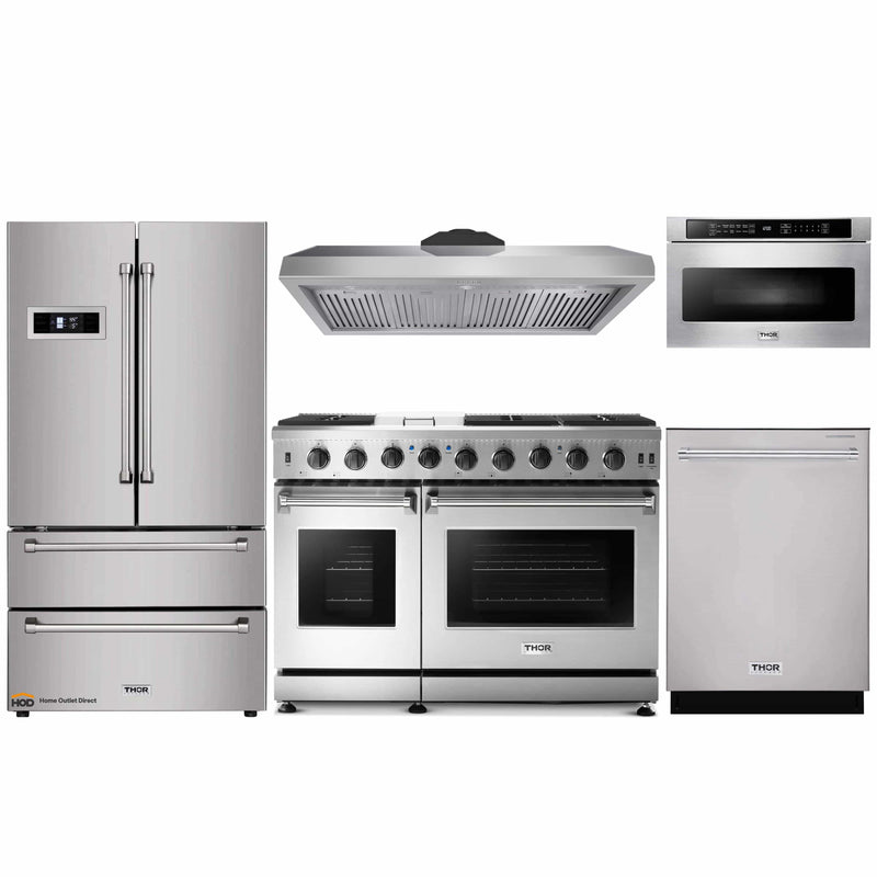 Thor Kitchen 5-Piece Appliance Package - 48-Inch Gas Range, Refrigerator, Under Cabinet 11-Inch Tall Hood, Dishwasher, and Microwave Drawer in Stainless Steel