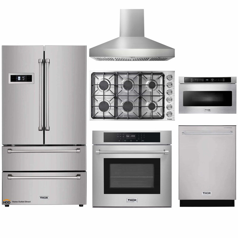 Thor Kitchen 6-Piece Pro Appliance Package - 36-Inch Gas Cooktop, Electric Wall Oven, Wall Mount Hood, Refrigerator, Dishwasher & Microwave Drawer in Stainless Steel