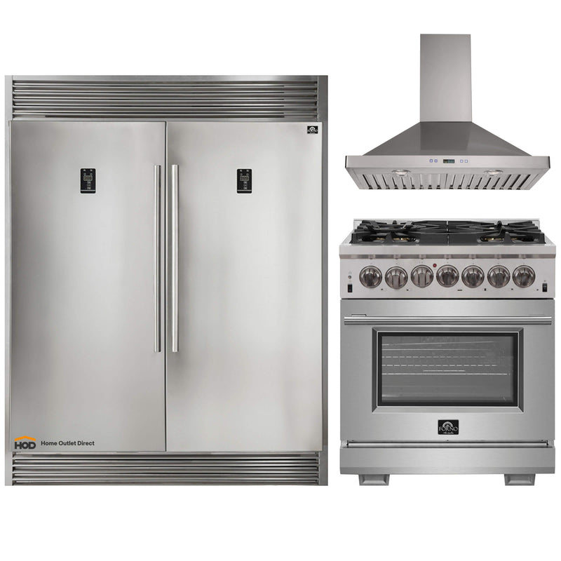 Forno 3-Piece Pro Appliance Package - 30-Inch Dual Fuel Range, 56-Inch Pro-Style Refrigerator & Wall Mount Hood in Stainless Steel