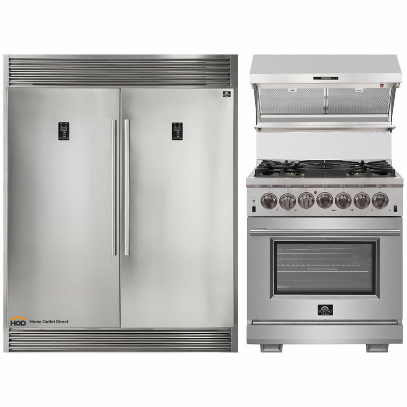 Forno 3-Piece Appliance Package - 30-Inch Dual Fuel Range, 56-Inch Pro-Style Refrigerator & Wall Mount Hood with Backsplash in Stainless Steel