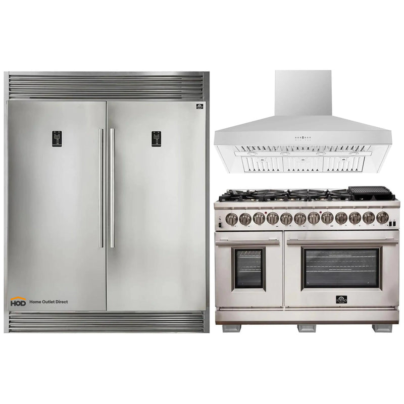 Forno 3-Piece Pro Appliance Package - 48-Inch Dual Fuel Range, 56-Inch Pro-Style Refrigerator & Wall Mount Hood in Stainless Steel