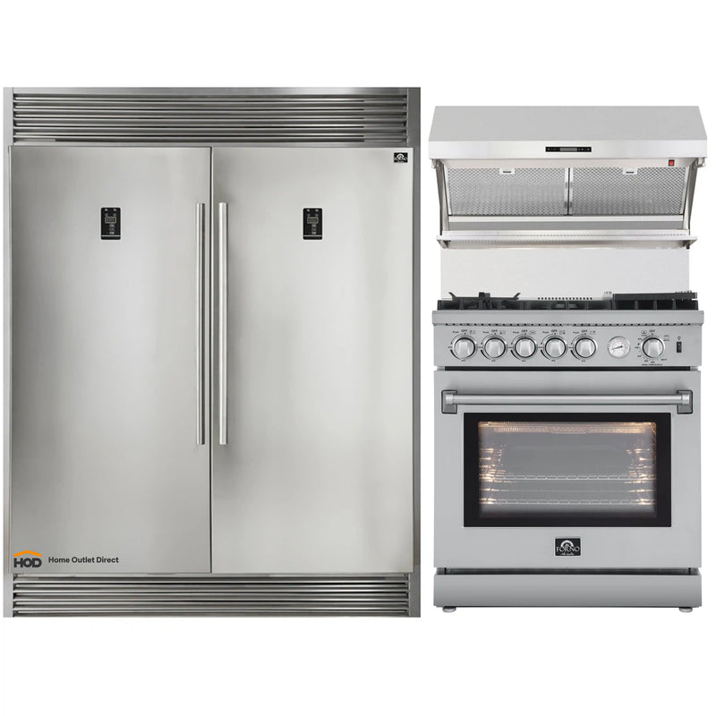 Forno 3-Piece Appliance Package - 30-Inch Gas Range with Air Fryer, 60-Inch Pro-Style Refrigerator & Wall Mount Hood with Backsplash in Stainless Steel
